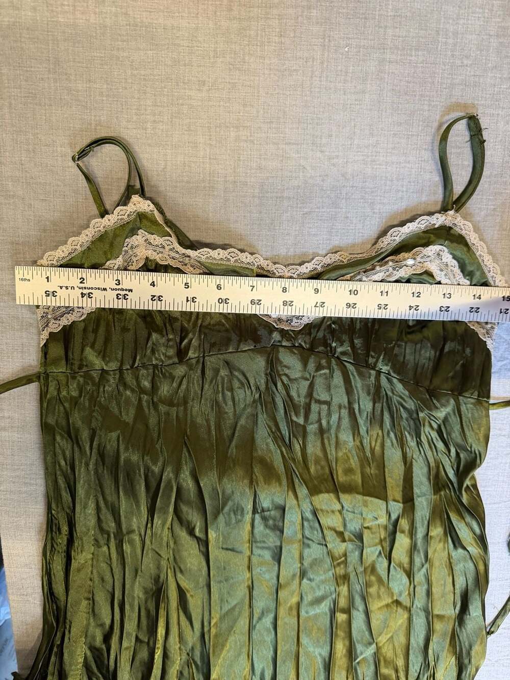 Vintage Y2K Dolled Up by FANG Olive Green Satin Lace Trim Babydoll Cami - Picture 6 of 6